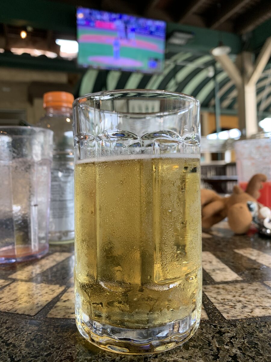 A cold beer on the patio at the snack shack